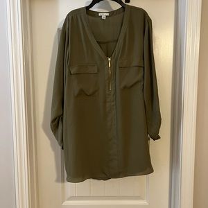 Army green zip front blouse